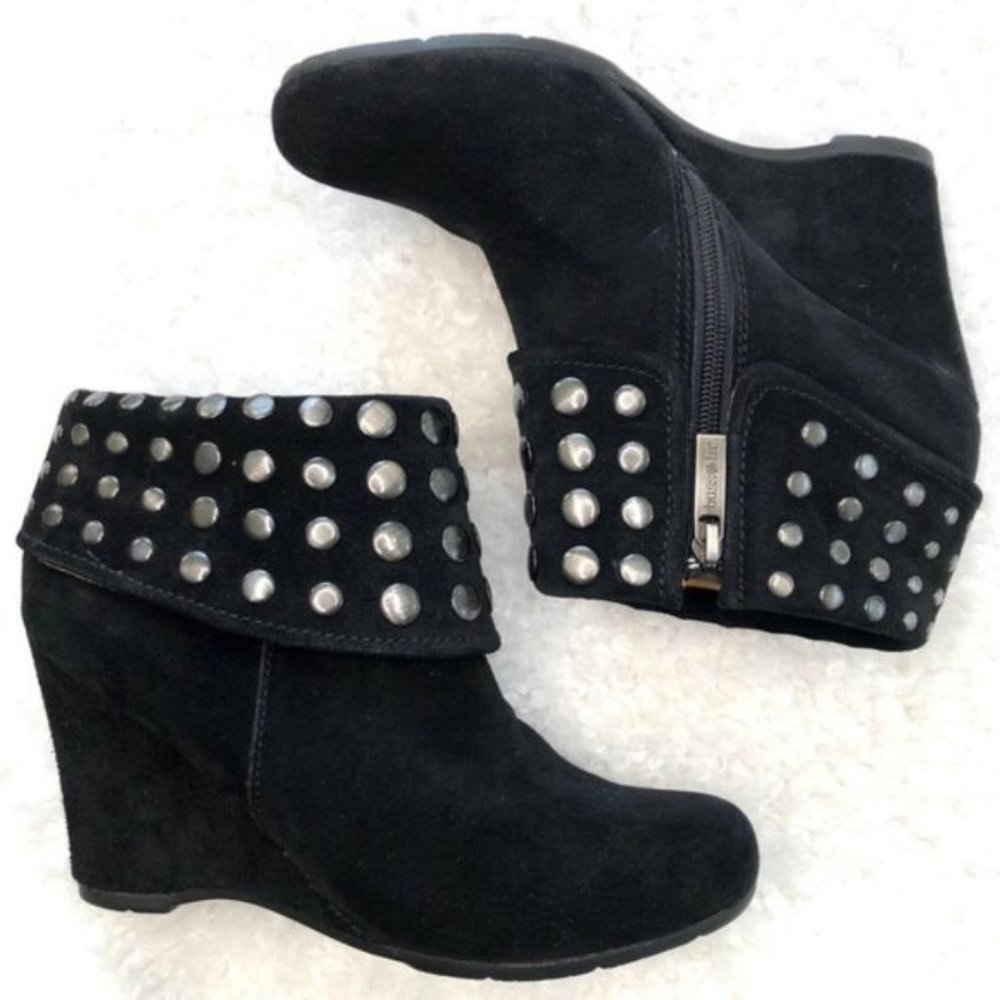 Anthropologie Bussola "Enna" Studded Black Suede Rocker Ankle Wedge Booties